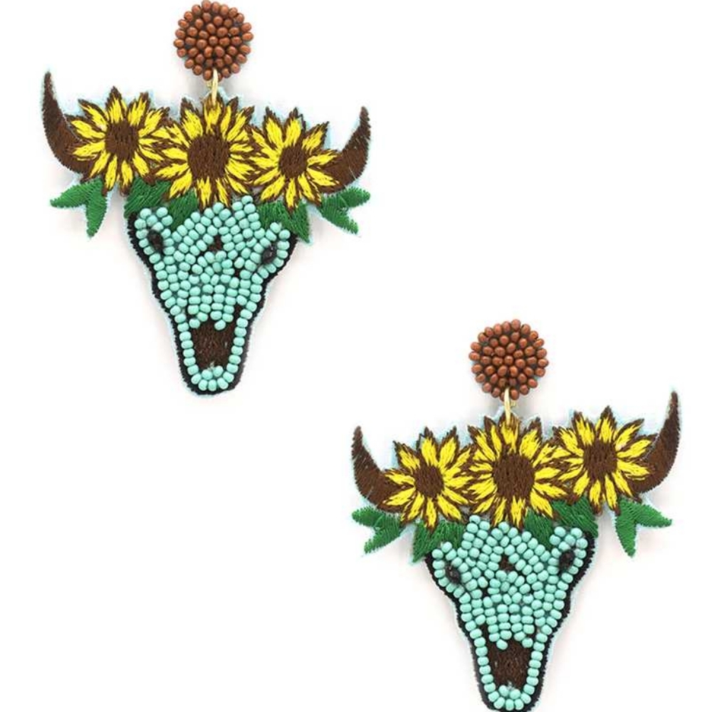 Seed Bead Carved Cow Skull Sunflower Dangle Earring